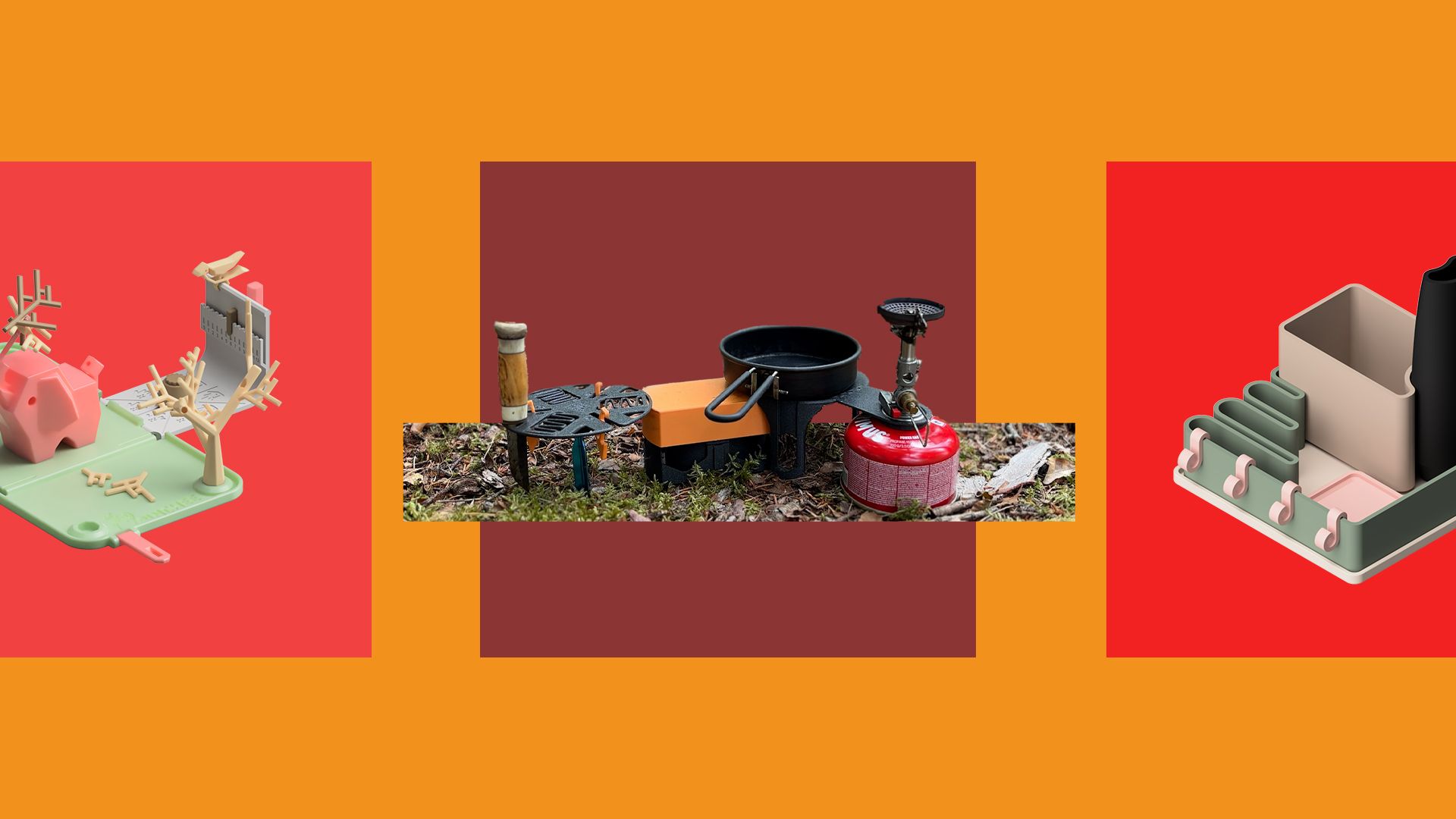 Hero collage showing three 3D printed design challenge themes: a desktop game, an outdoor camping setup, and a modular homeware organiser on bold coloured backgrounds.