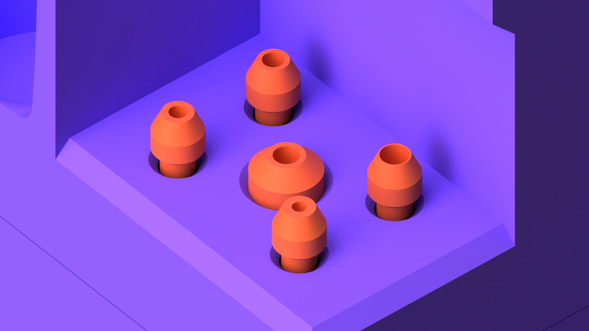 Orange cylindrical inserts fitted into vertical holes within a purple organiser base.