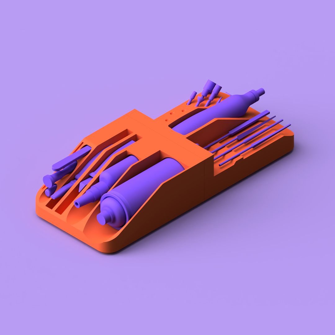 3D render of a modular desk organiser in bright orange, featuring angled compartments holding purple bottles, hand tools, and slim rods, set against a soft purple background.