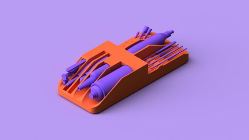 3D render of a modular desk organiser in bright orange, featuring angled compartments holding purple bottles, hand tools, and slim rods, set against a soft purple background.