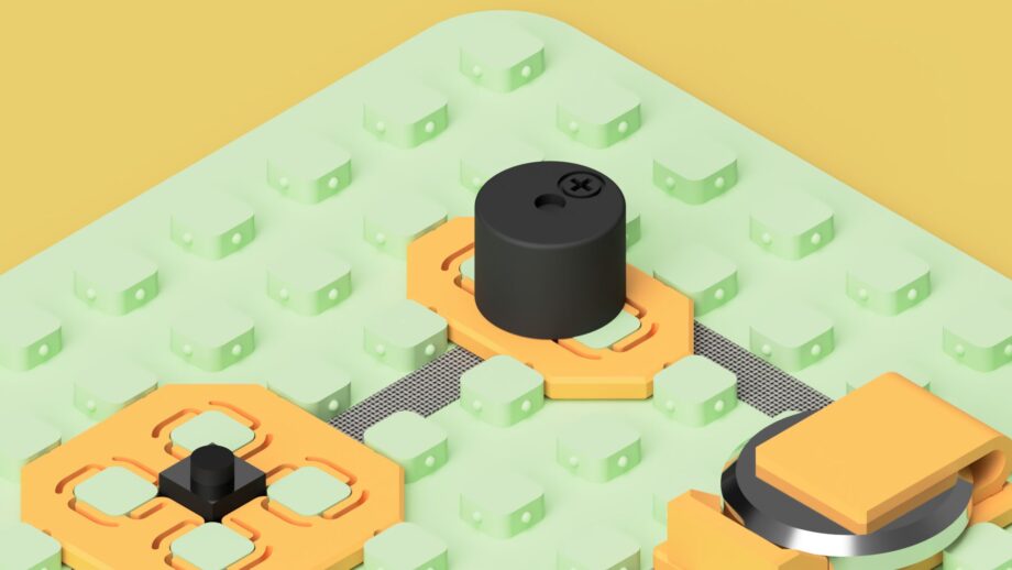 Close-up 3D render of a piezo buzzer and push button mounted on the MakerTrack grid board with conductive track connections visible.