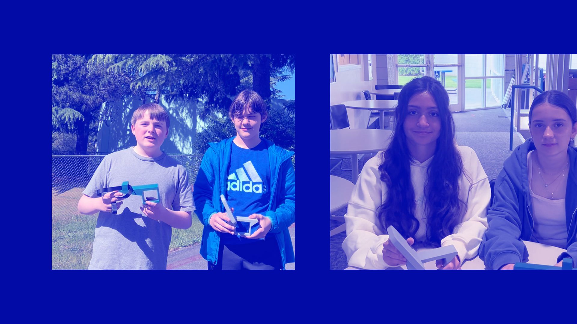 Students hold their 3D printed assistive device prototypes outdoors and in a classroom setting.