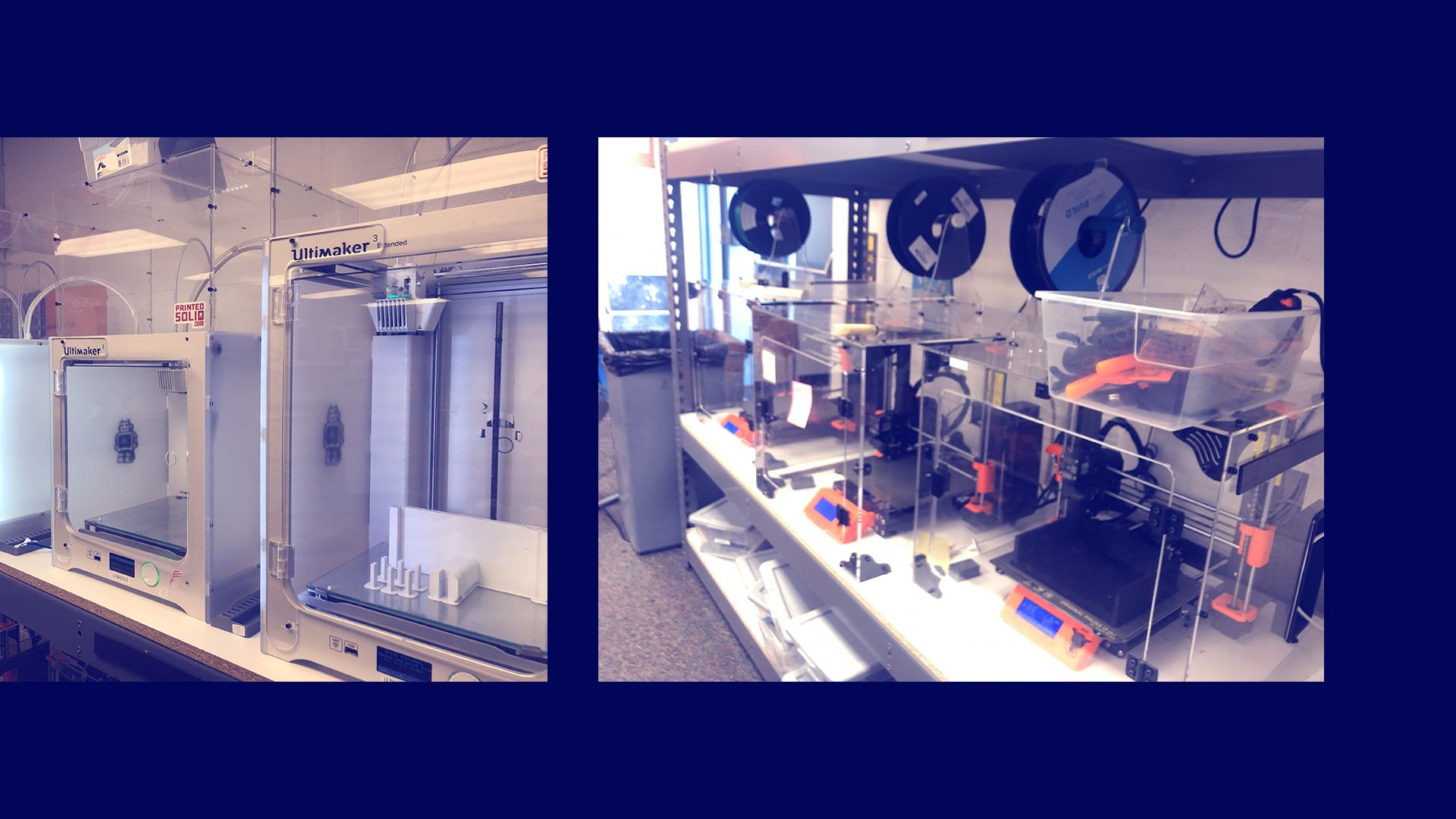 Multiple Ultimaker and Prusa 3D printers running simultaneously in a school classroom.