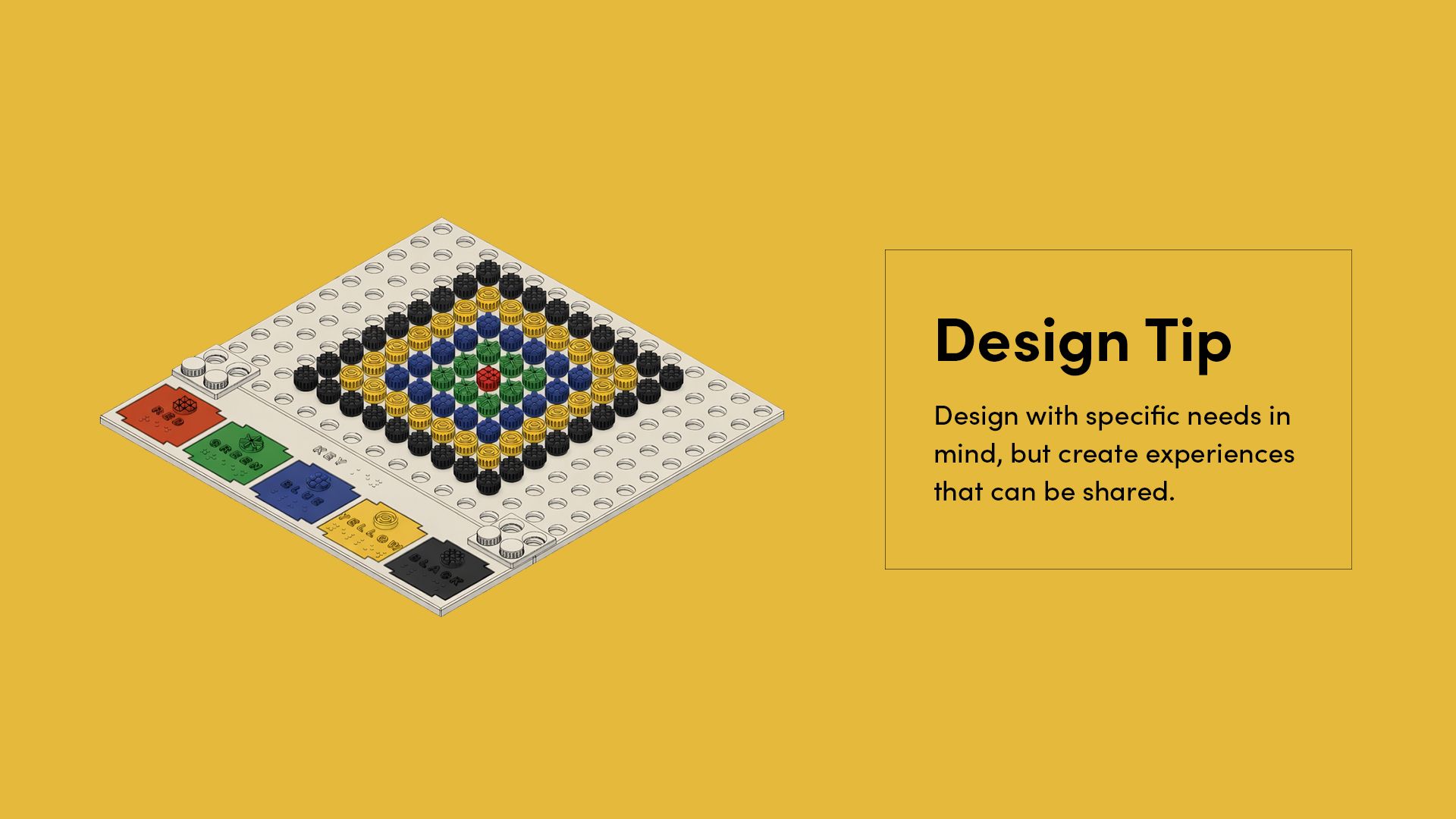 Isometric view of the KIBO tactile art board with a colourful geometric pattern built from textured bolts.