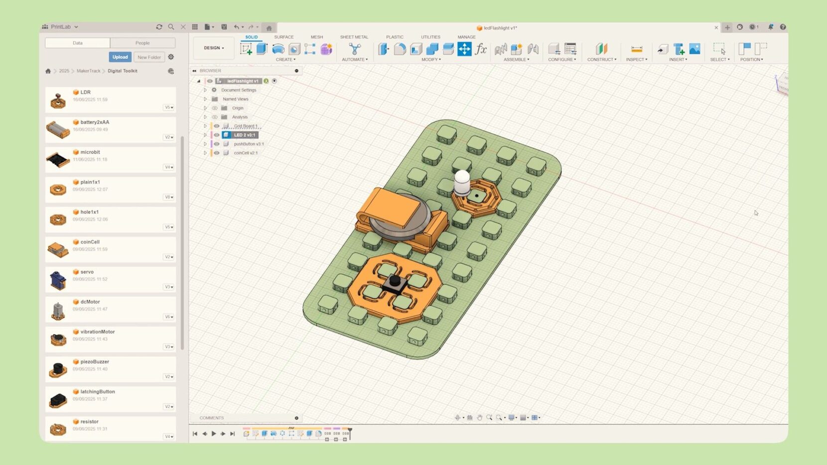 Autodesk Fusion workspace showing the MakerTrack flashlight enclosure design with mounted LED, push button, and coin cell battery positioned on the grid board.