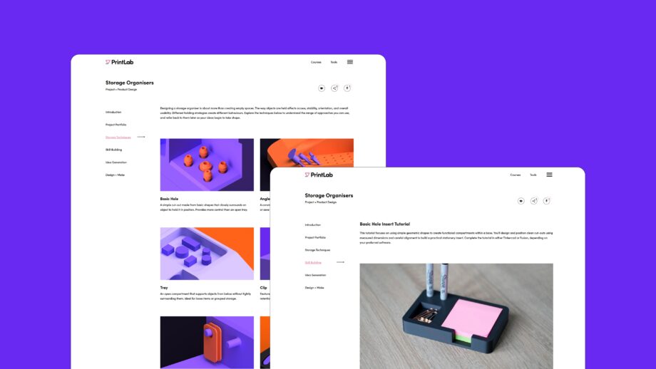 PrintLab Storage Organisers project page showing course sections and a 3D printed desk organiser tutorial with markers and sticky notes.