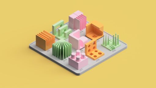 3D printed design principles model set on a square base, featuring coloured examples such as overhangs, bridging, holes and spikes.