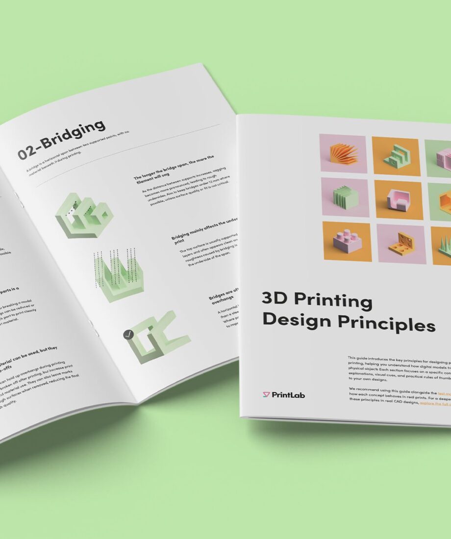 Open 3D printing design principles guide showing pages on overhangs and bridging alongside the booklet cover.