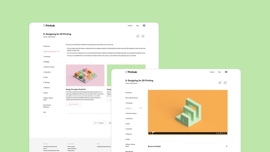 PrintLab learning platform showing the Designing for 3D Printing course with model set visuals and lesson navigation.