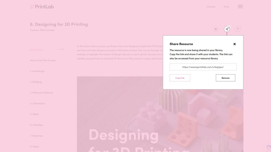PrintLab course interface showing share resource popup with a link for students to access the Designing for 3D Printing course.