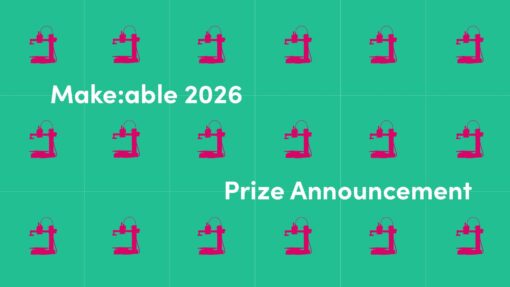 Make:able 2026 prize announcement graphic with repeated 3D printer silhouettes on a coloured background.