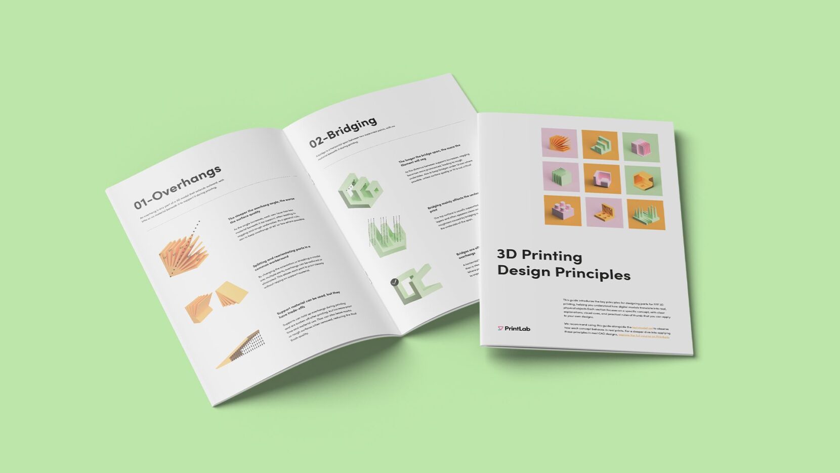 Open 3D printing design principles guide showing pages on overhangs and bridging alongside the booklet cover.