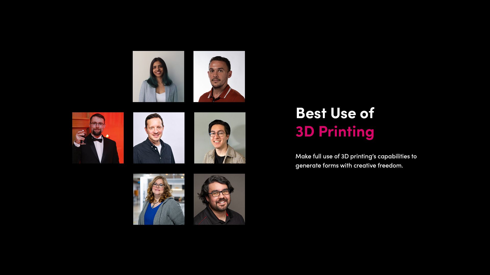 Collage of headshots showing judges for the Best Use of 3D Printing category in Make:able 2026