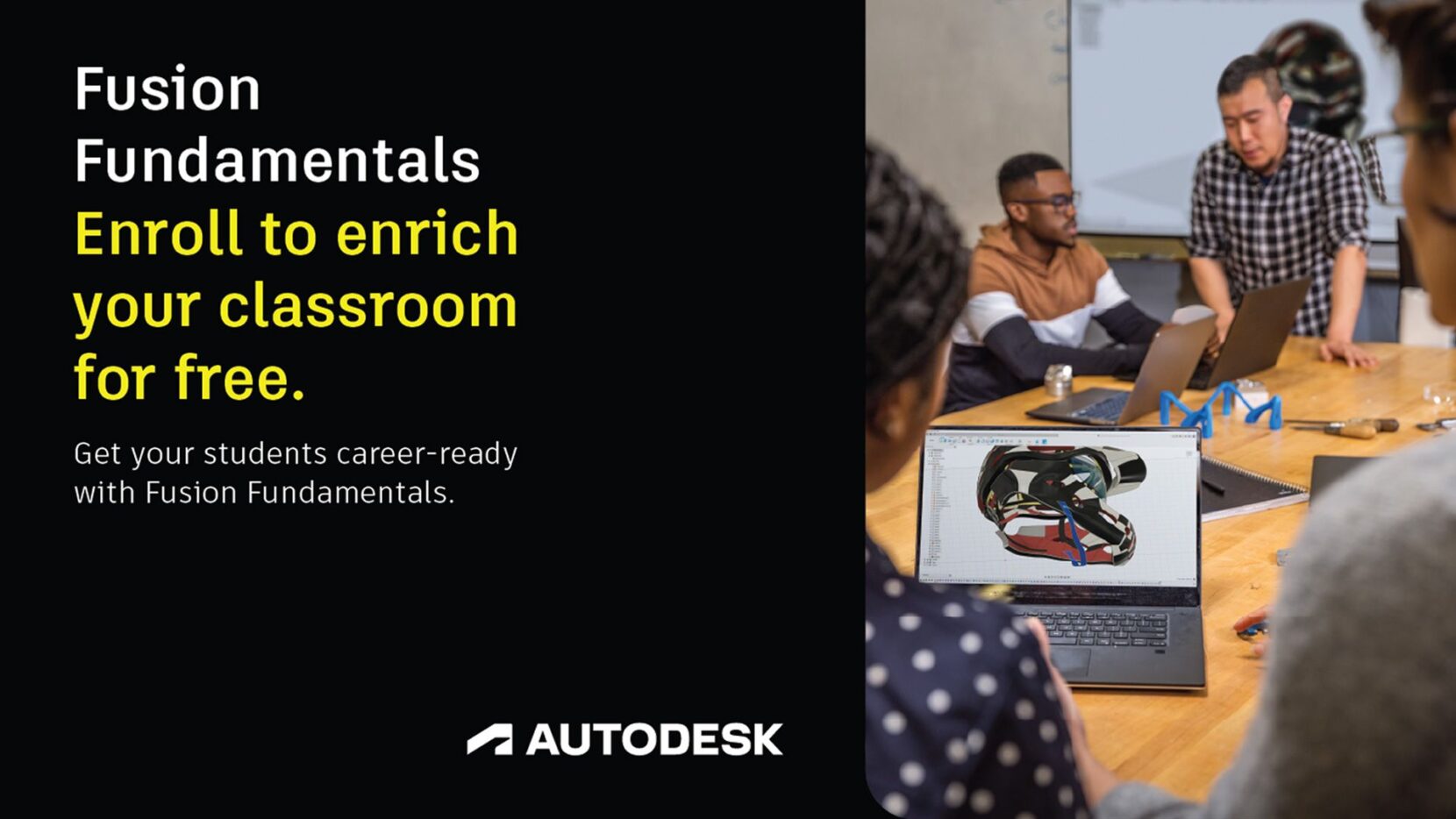 Autodesk Fusion Fundamentals training banner promoting free educator training