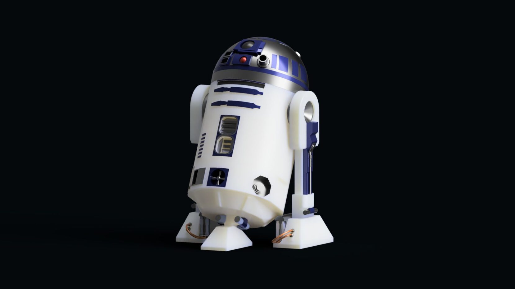 3D CAD model of an R2-D2 style robot created in Autodesk Fusion on a dark background