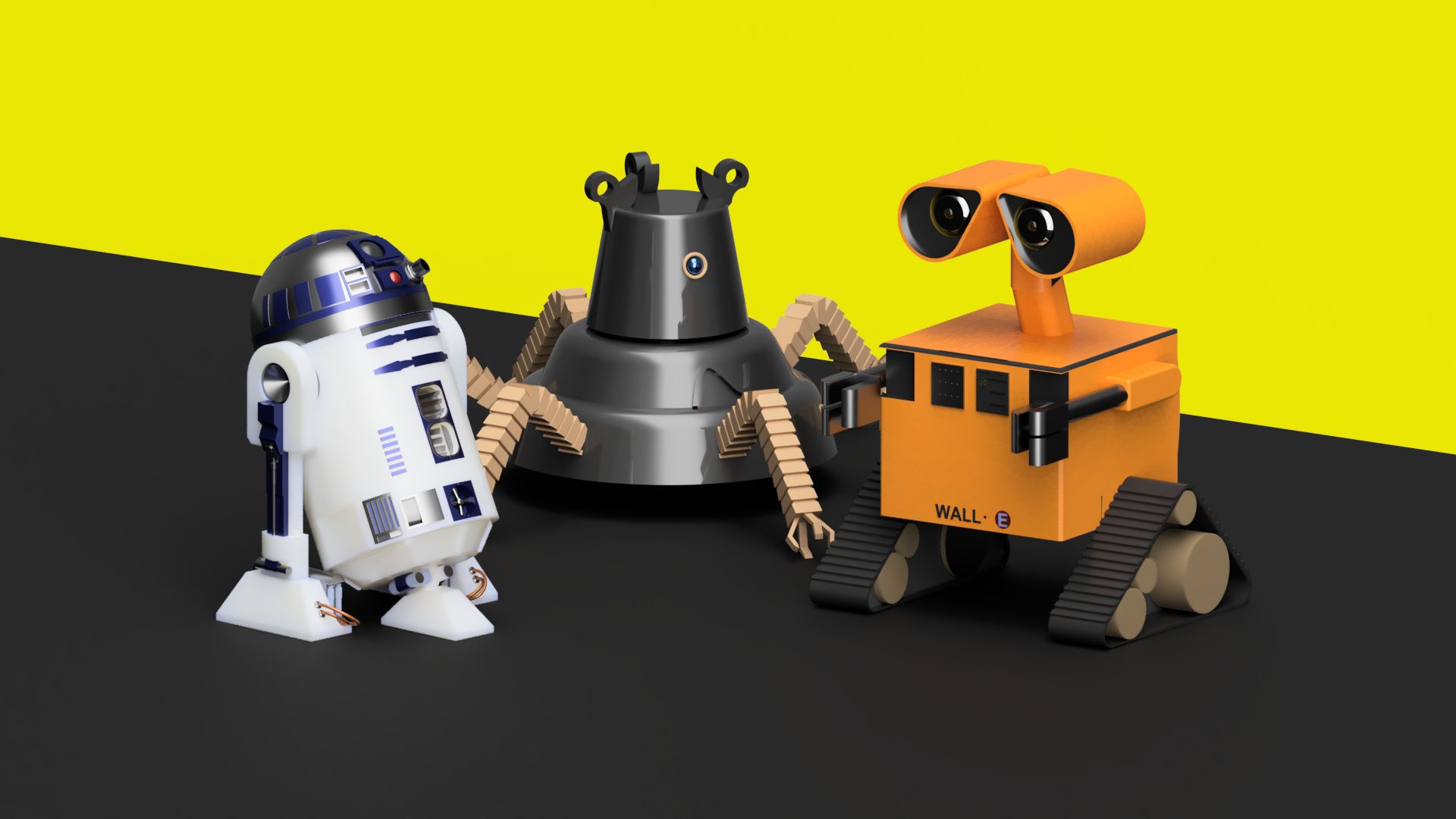 Three student-designed robot models created in Autodesk Fusion including R2-D2, WALL-E, and a multi-legged robot