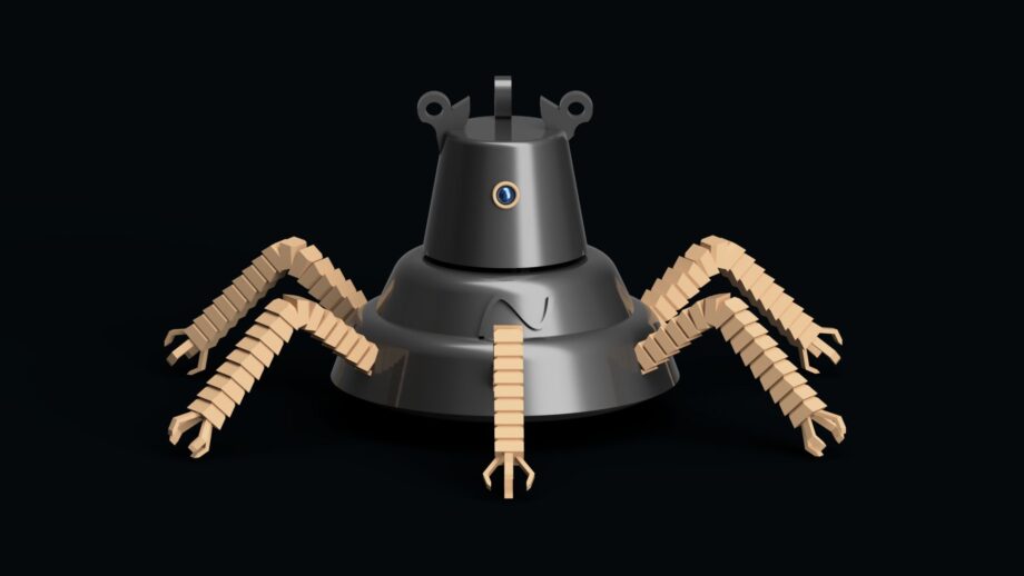 3D CAD model of a multi-legged robot inspired by Zelda guardian, designed in Autodesk Fusion