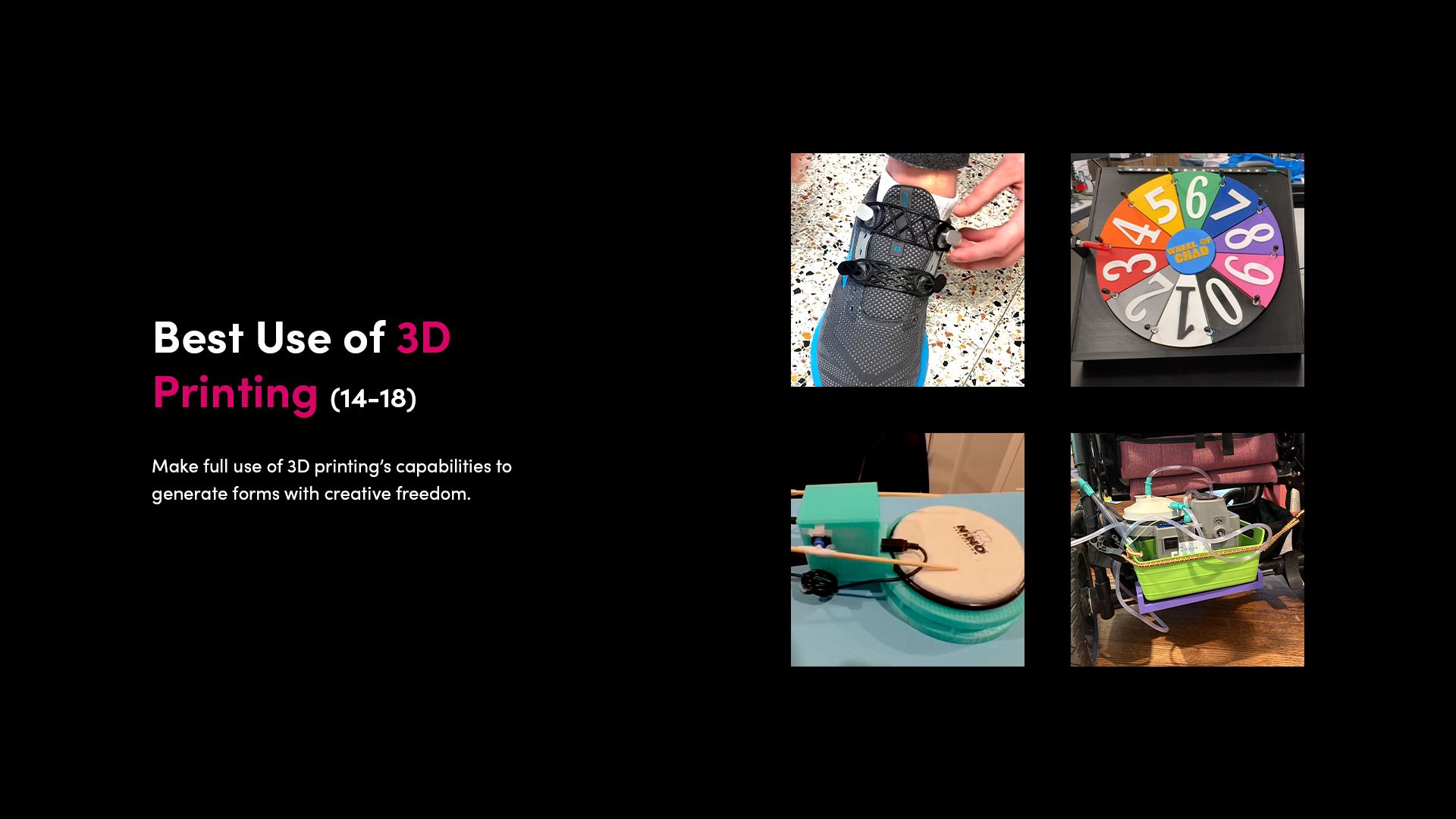 Best Use of 3D Printing (14–18): Collage of finalist assistive technology designs in the 3D printing category.