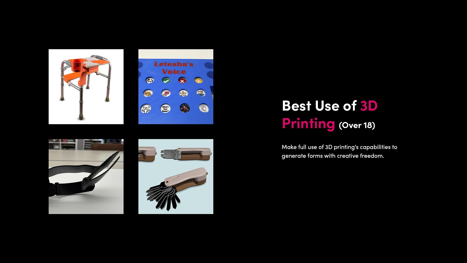 Best Use of 3D Printing (Over 18): Collage of finalist assistive technology designs in the 3D printing category.