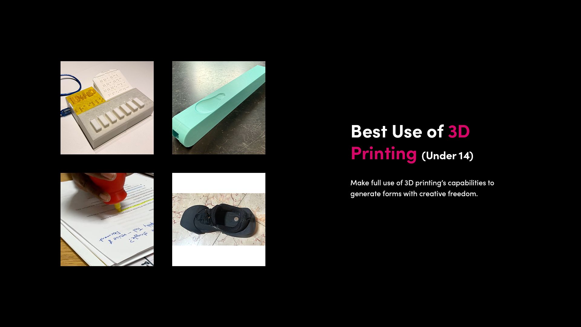 Best Use of 3D Printing (Under 14): Collage of finalist assistive technology designs in the 3D printing category.