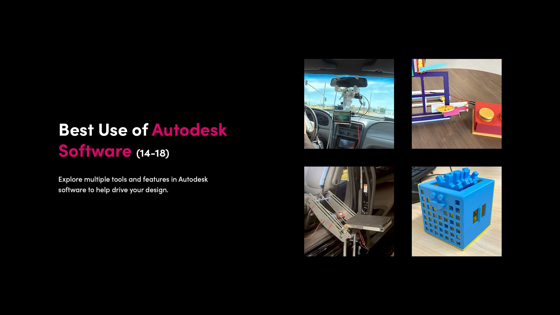 Best Use of Autodesk Software (14–18): Collage of finalist assistive technology designs in the Autodesk software category.