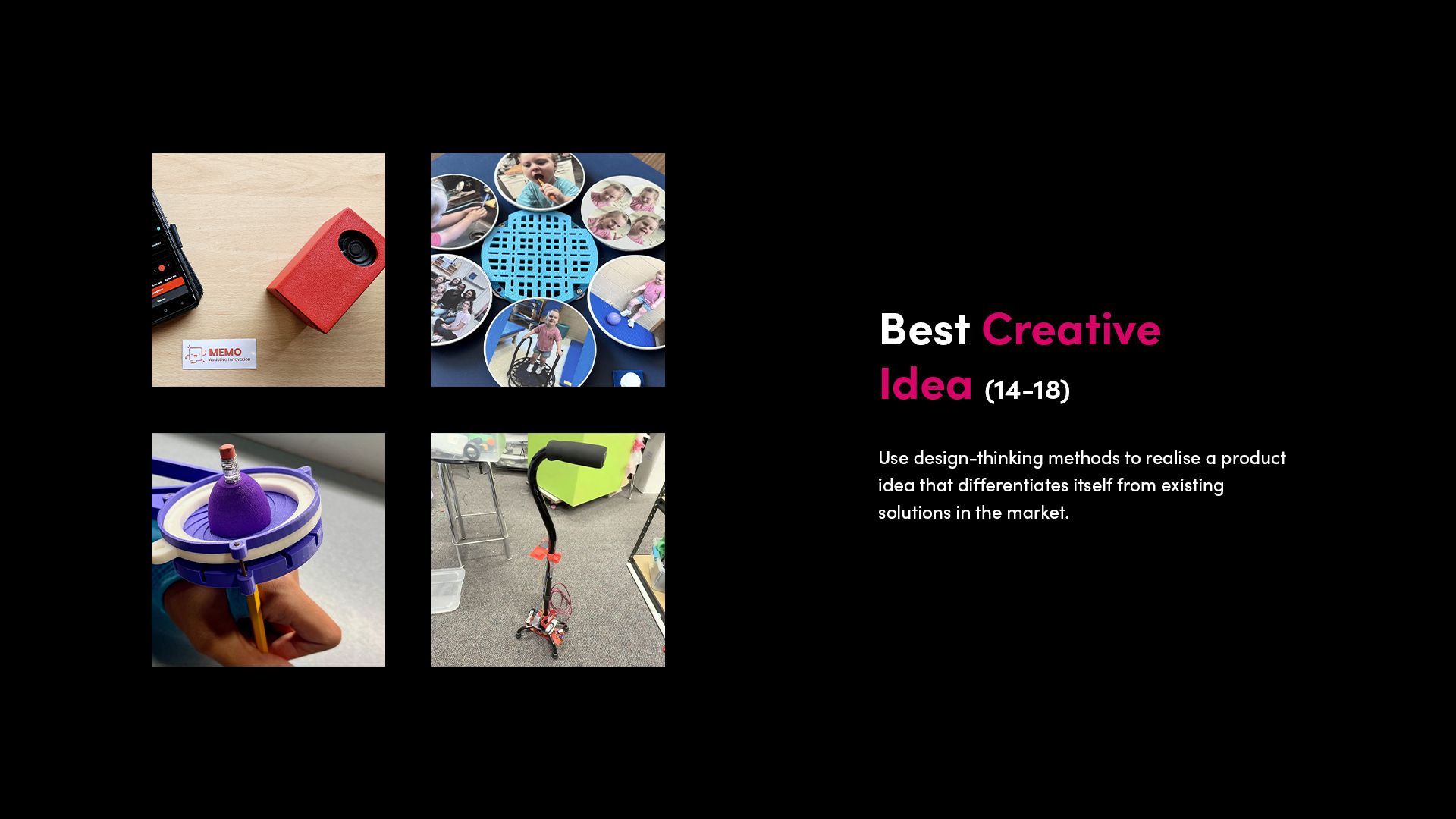 Best Creative Idea (14–18): Collage of finalist assistive technology designs in the creative idea category.