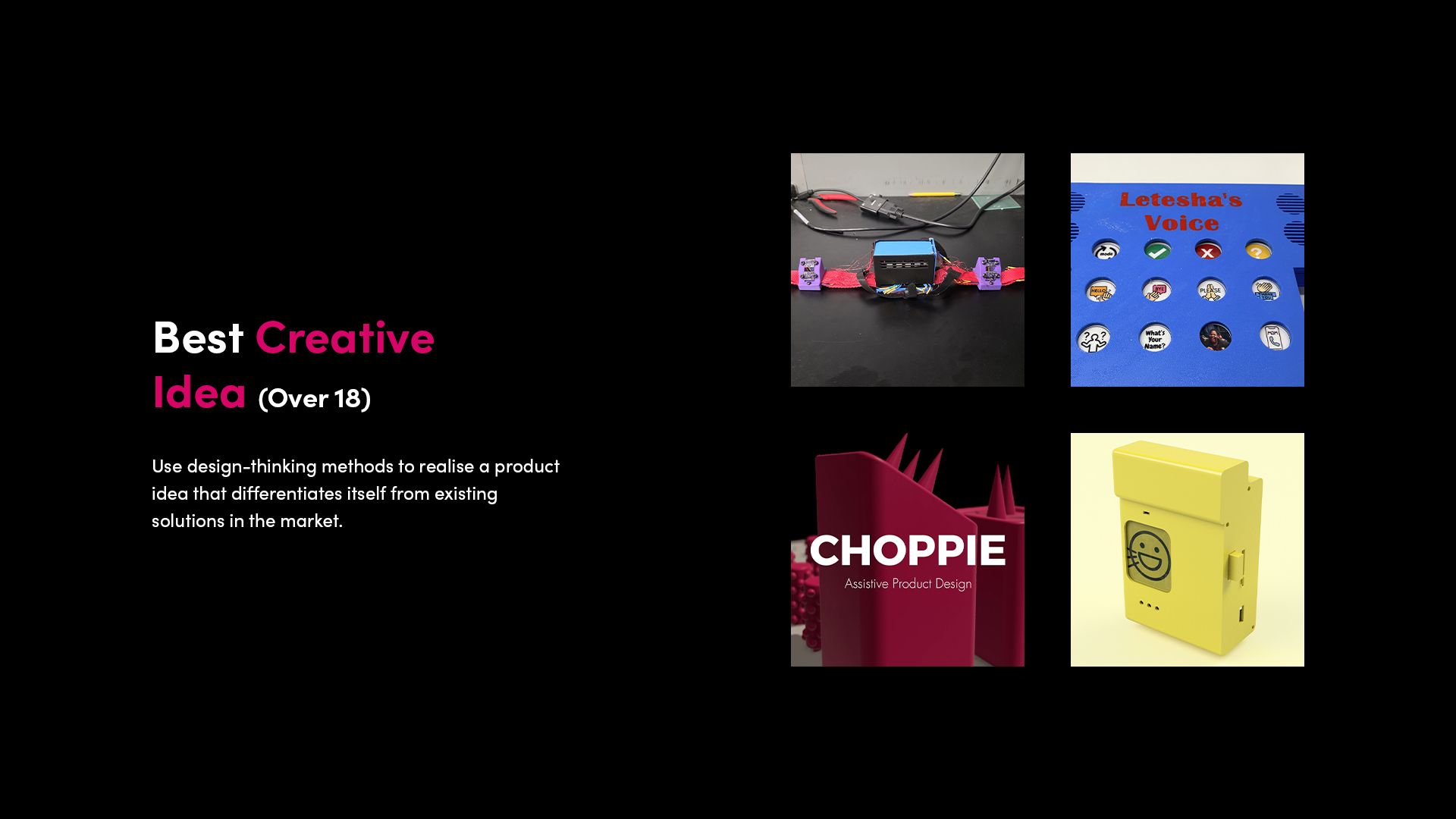 Best Creative Idea (Over 18): Collage of finalist assistive technology designs in the creative idea category.