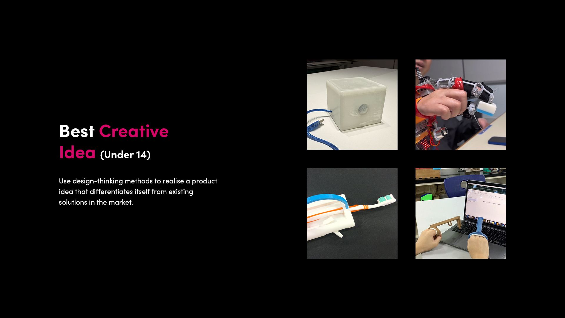 Best Creative Idea (Under 14): Collage of finalist assistive technology designs in the creative idea category.