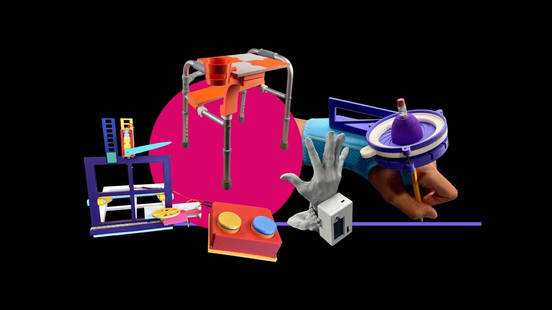Collage featuring Make:able 2026 finalist assistive technology designs, including writing aids, communication tools and accessibility devices.