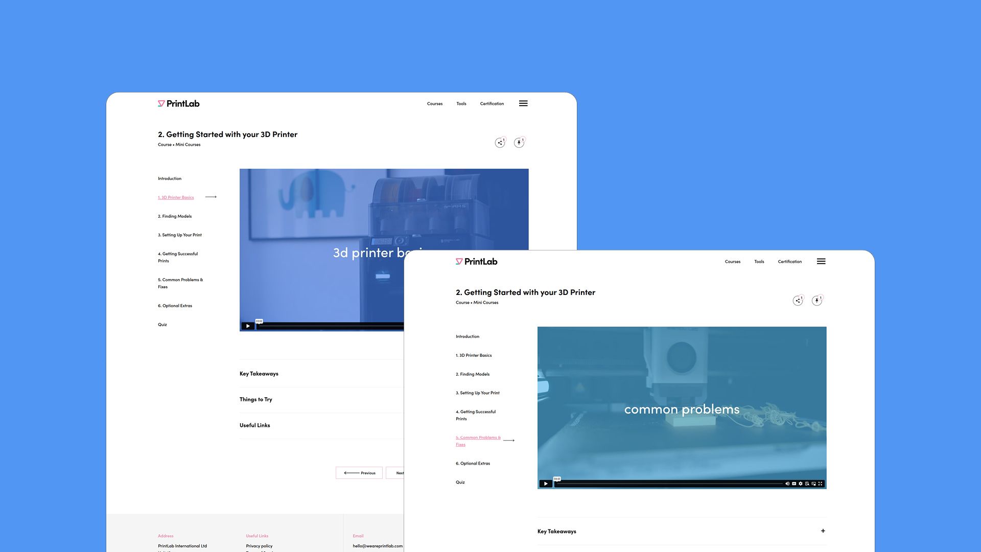 PrintLab learning platform showing the Getting Started with Your 3D Printer course, including video lessons, navigation, and expandable learning sections.