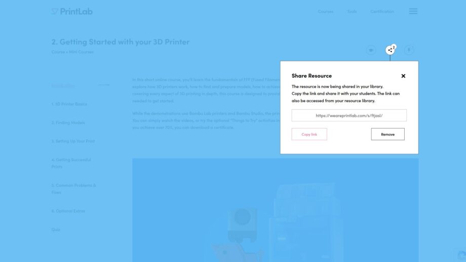 PrintLab learning platform showing course content and teacher tools for generating and sharing student access links.