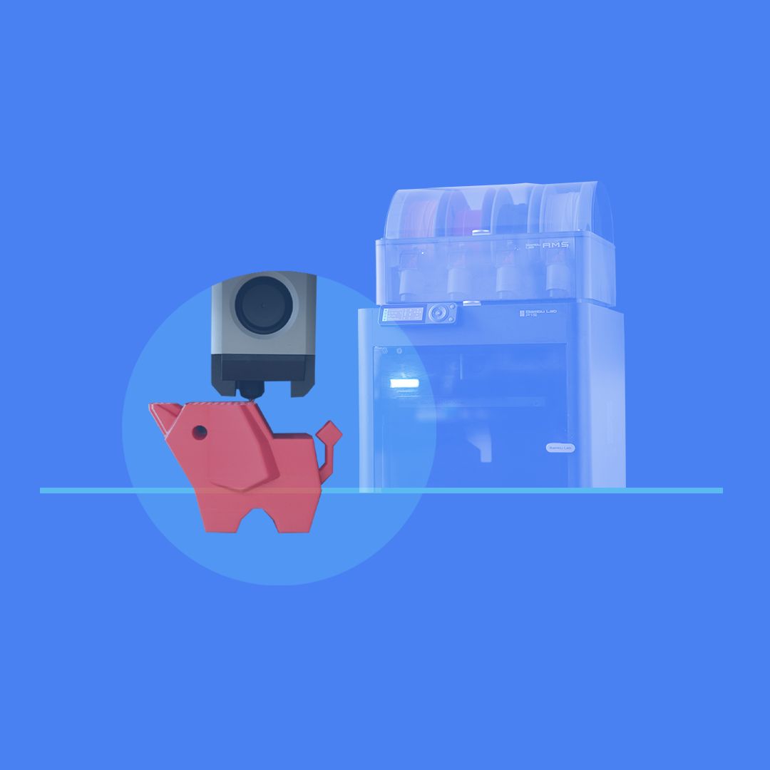 Illustration of a 3D printer creating a red 3D printed elephant model, with a blue background and translucent image of a Bambu Lab printer in the background. The artwork represents learning the fundamentals of FFF 3D printing, from printer operation to finished prints.