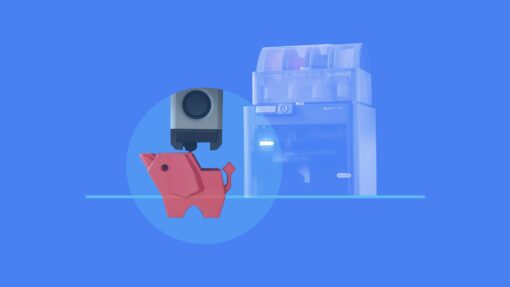 Illustration of a 3D printer creating a red 3D printed elephant model, with a blue background and translucent image of a Bambu Lab printer in the background. The artwork represents learning the fundamentals of FFF 3D printing, from printer operation to finished prints.