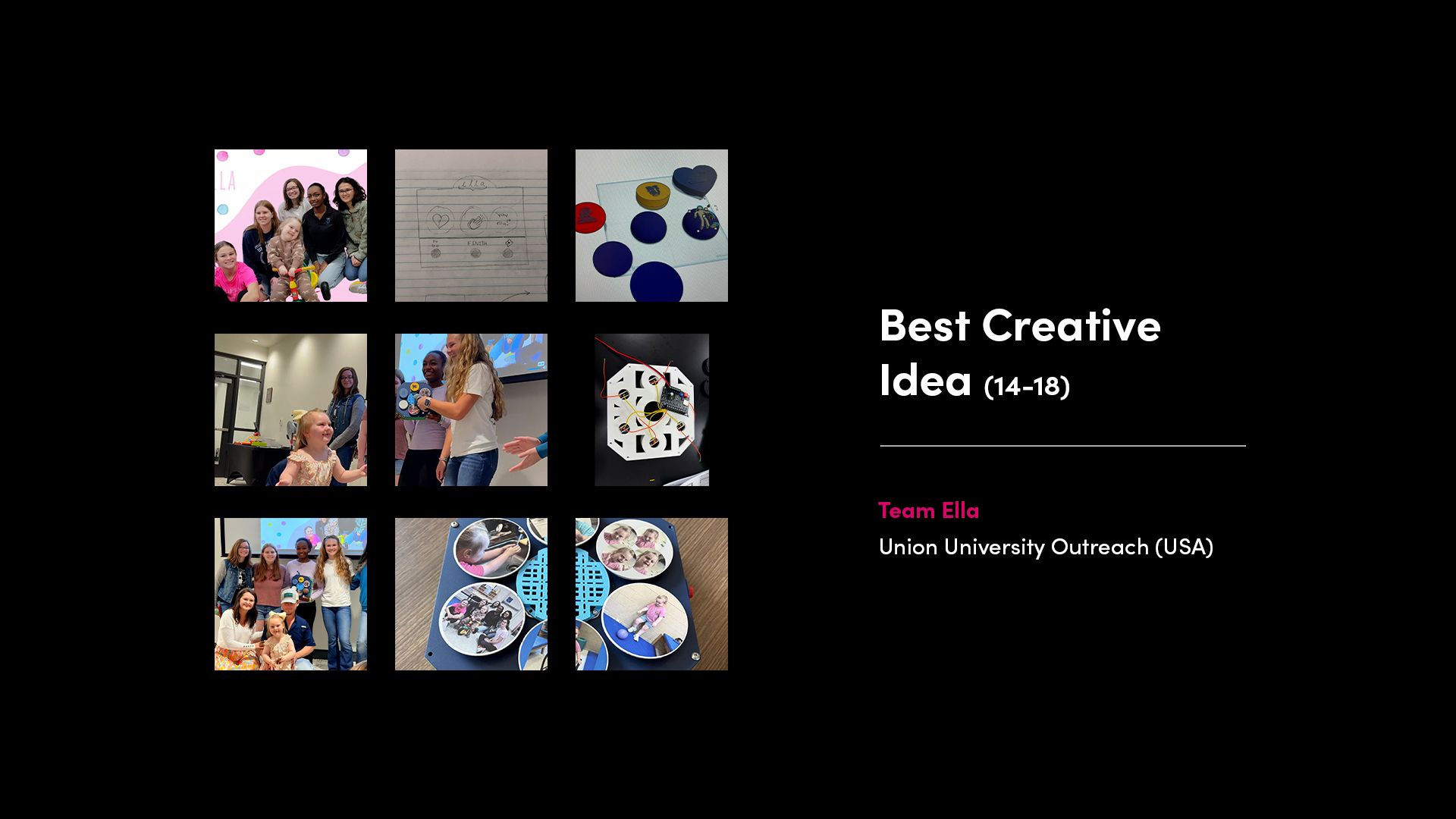 Best Creative Idea (14–18) winner Team Ella from Union University Outreach (USA), showcasing their personalised assistive communication device.