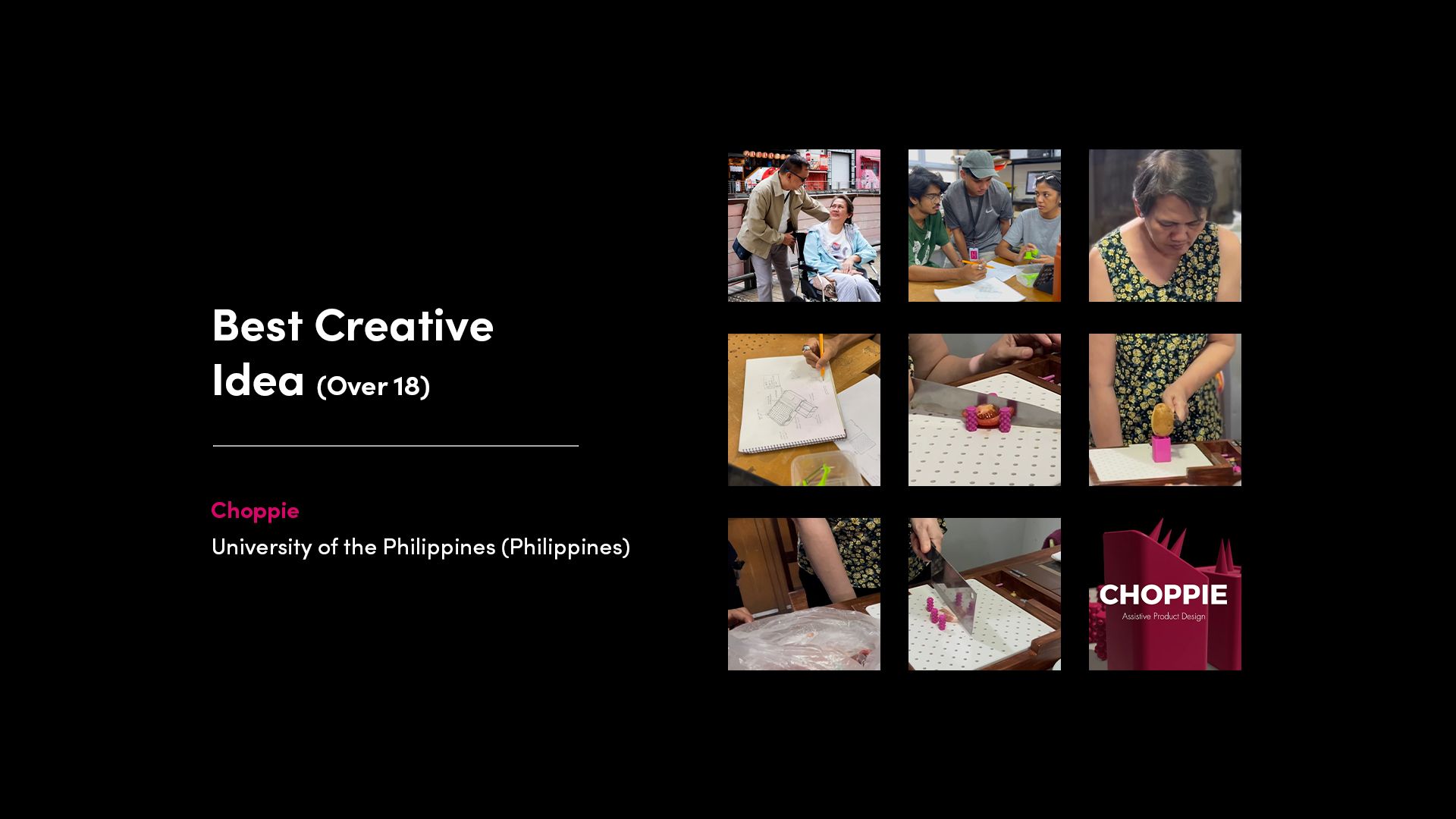 Best Creative Idea (Over 18) winner Choppie from the University of the Philippines, showcasing their adaptive food preparation aid.