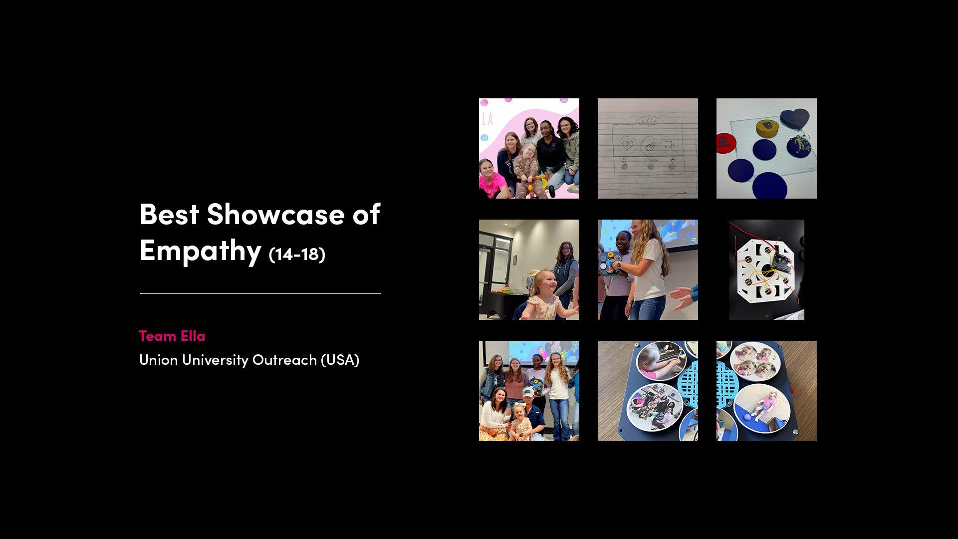 Best Showcase of Empathy (14–18) winner Team Ella from Union University Outreach (USA), documenting their co-design process with an end user.