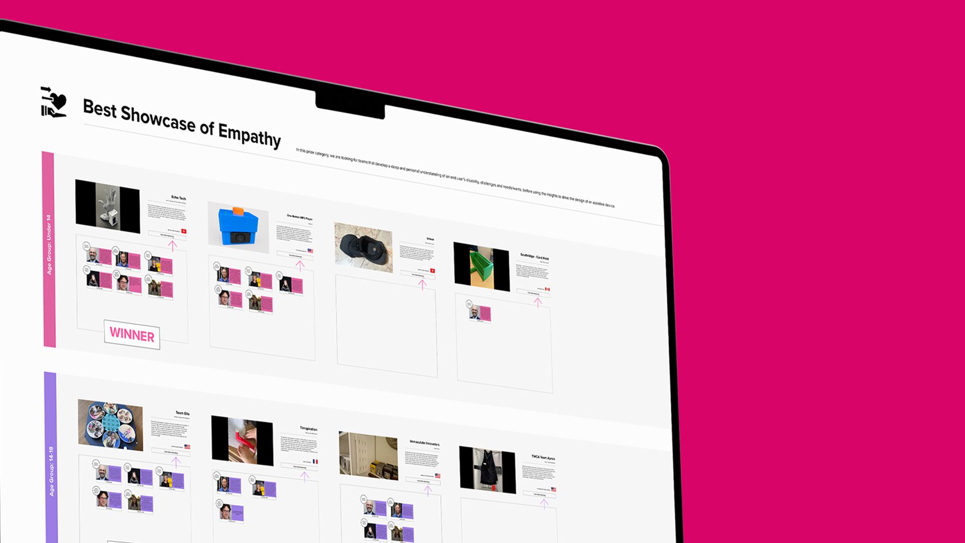 Screenshot of the 2026 Make:able Challenge online judging board displaying finalist projects across award categories.
