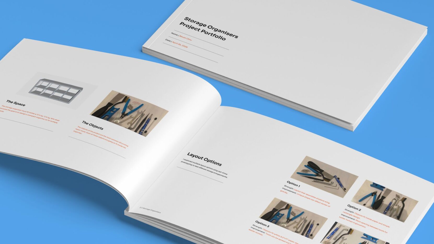 Portfolio pages documenting the project space, selected objects, and multiple layout concepts explored during the design process.