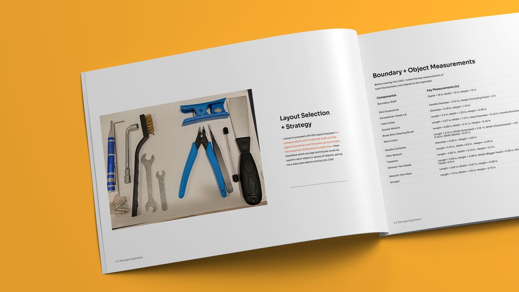 Portfolio pages showing layout selection, object measurements, and planning decisions used to prepare for CAD development.