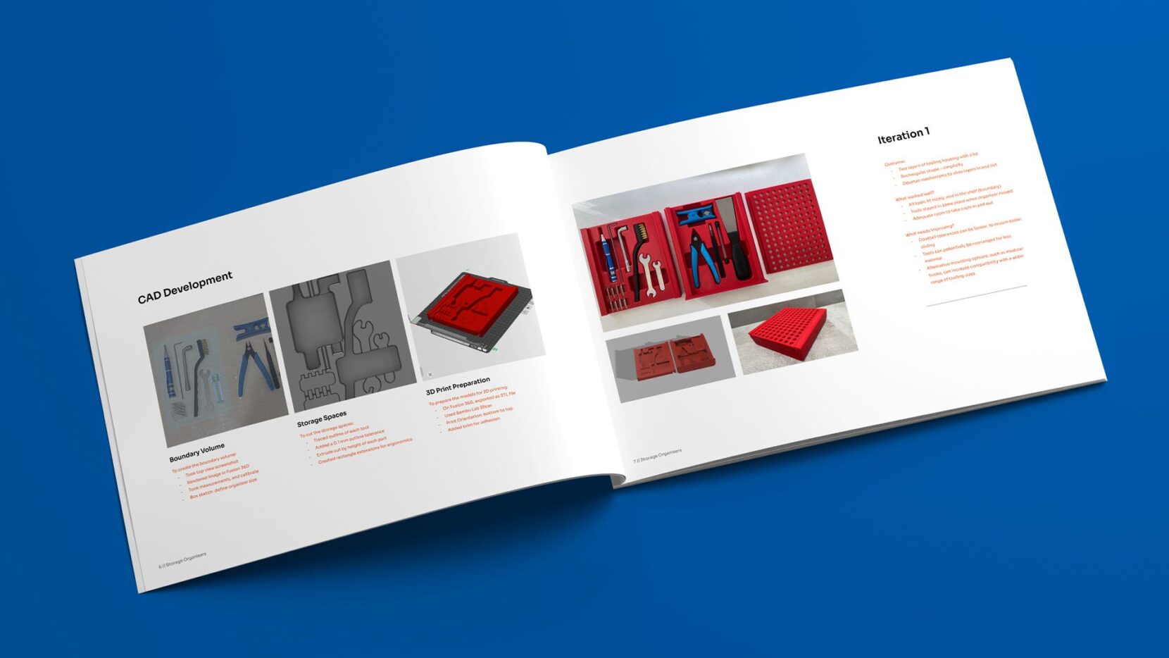 Portfolio pages documenting CAD development, 3D printing preparation, prototype testing, and design iteration.