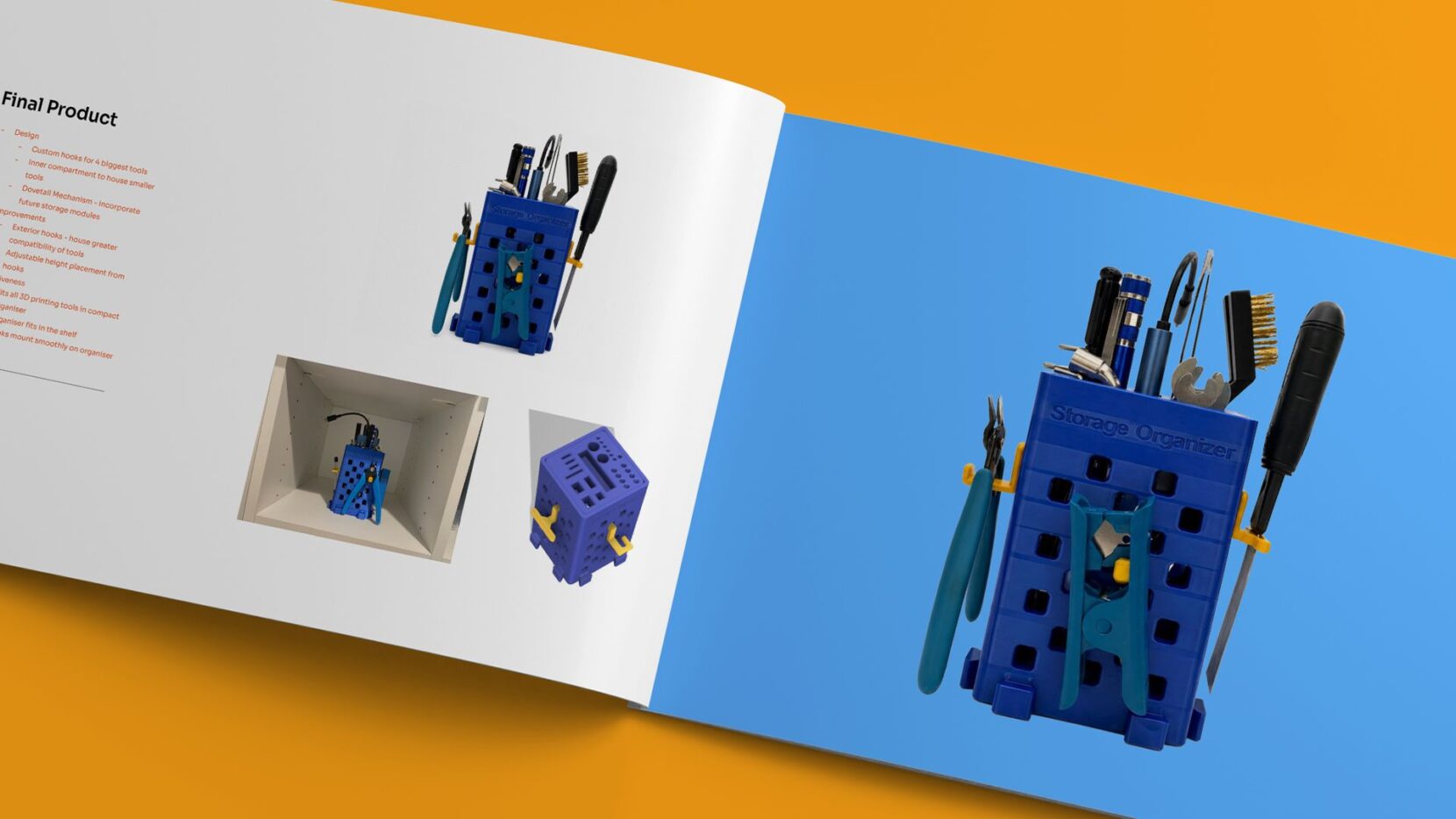 Portfolio pages showcasing the final 3D printed storage organiser, installed in its intended shelf space and loaded with tools.