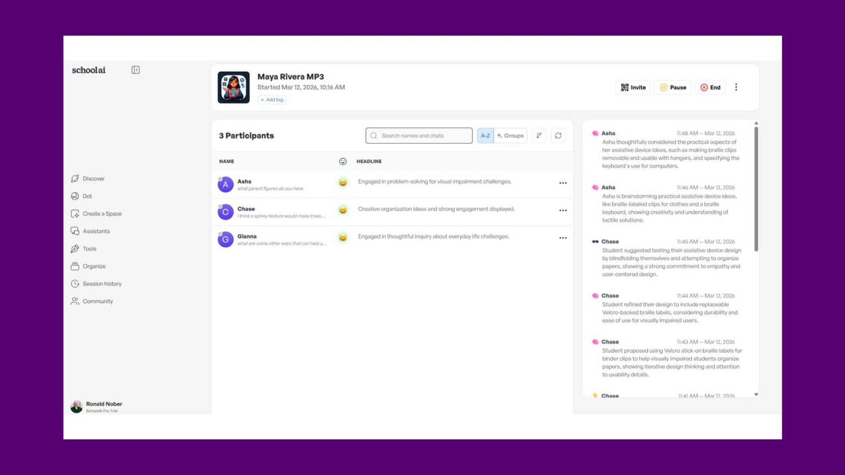 SchoolAI dashboard showing students interacting with an AI stakeholder during a classroom design project.