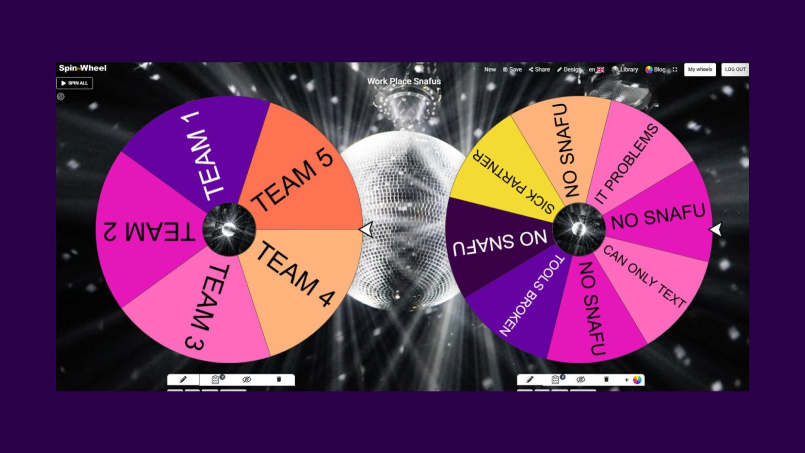 SpinTheWheel.io interface displaying two custom wheels used to introduce random design challenges and project setbacks during classroom activities.