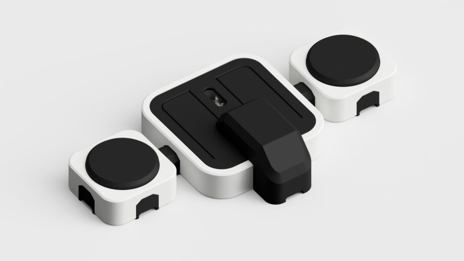 PrintSwitch wireless mouse module connected to two large assistive push switches.