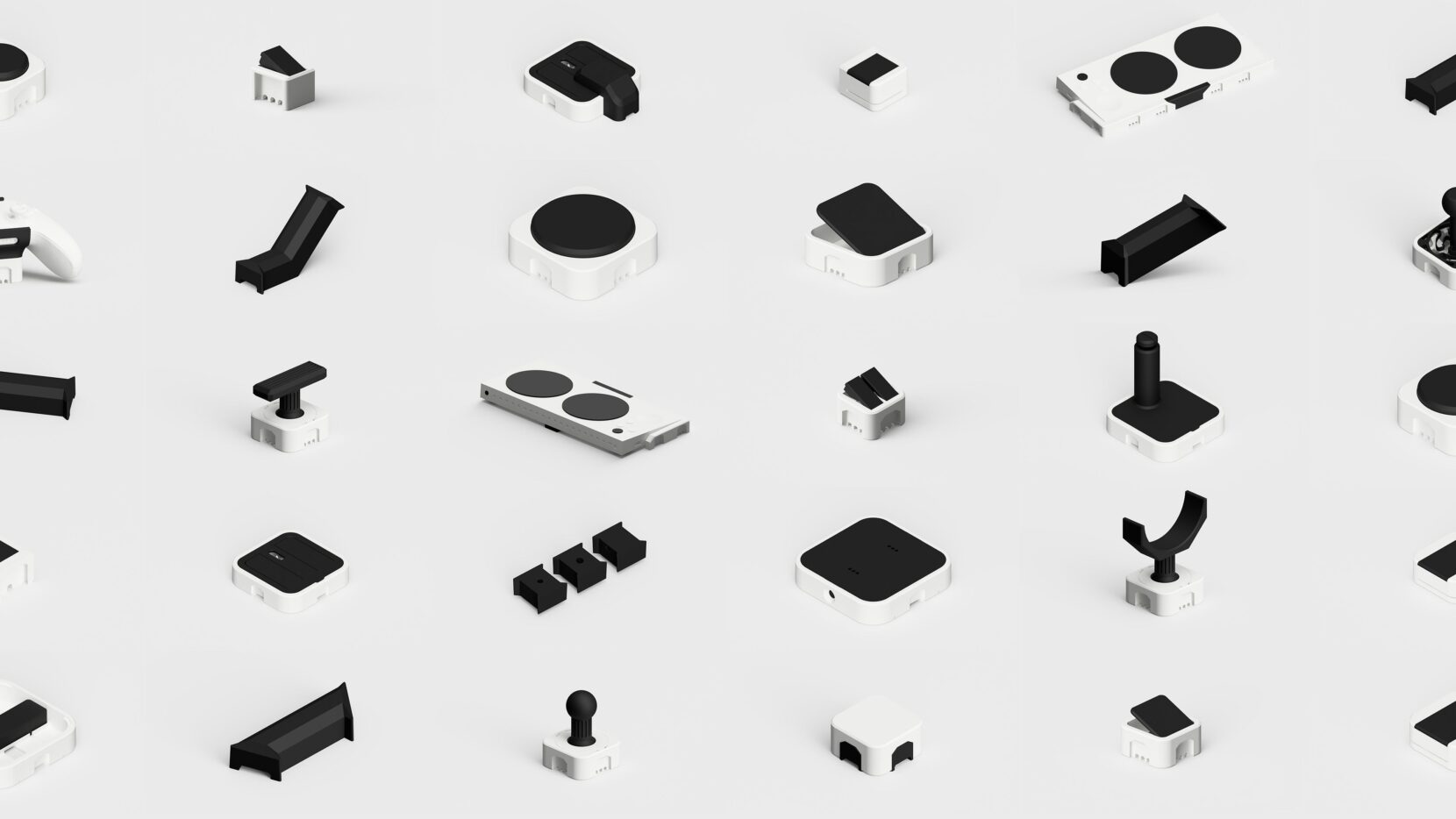 Render showing the PrintSwitch ecosystem with a selection of modular 3D printed assistive switches, joysticks, interface docks, connectors and accessories arranged in a clean grid on a light background.