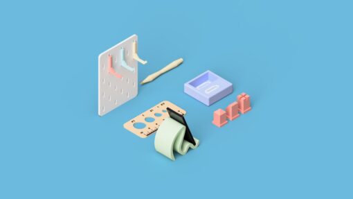 3D-rendered collection of Tinkercad projects, including a pegboard, pen, tray, measuring gauge, chess pieces and assistive bag carrier.