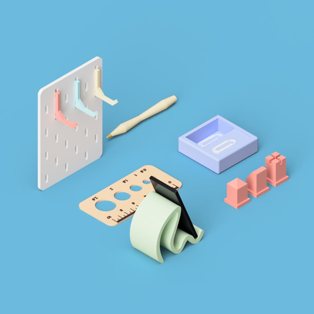 3D-rendered collection of Tinkercad projects, including a pegboard, pen, tray, measuring gauge, chess pieces and assistive bag carrier.