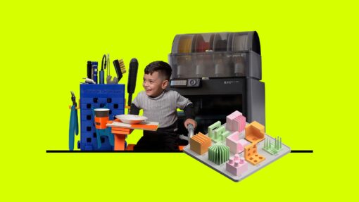 Student with 3D printer, storage organiser and 3D printing design models.