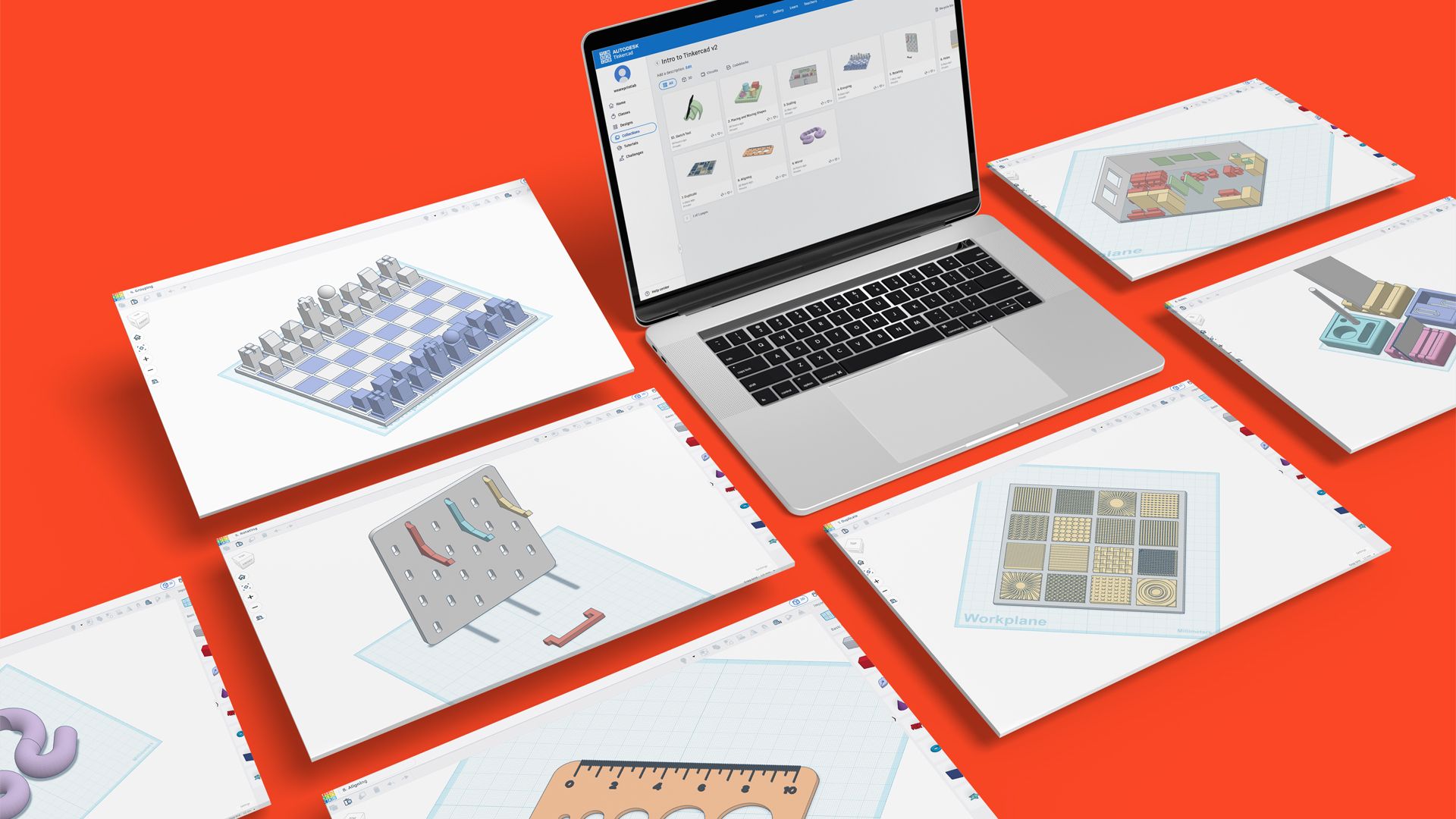Tinkercad course projects showing a range of 3D printable designs created through hands-on CAD tutorials.