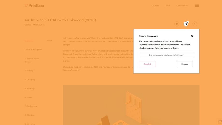 PrintLab course share link feature for educators to share the Intro to 3D CAD with Tinkercad course with students.
